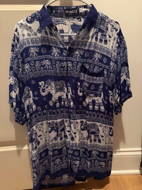 Men's Thailand Blue Elephant Print Short-Sleeve Shirt
